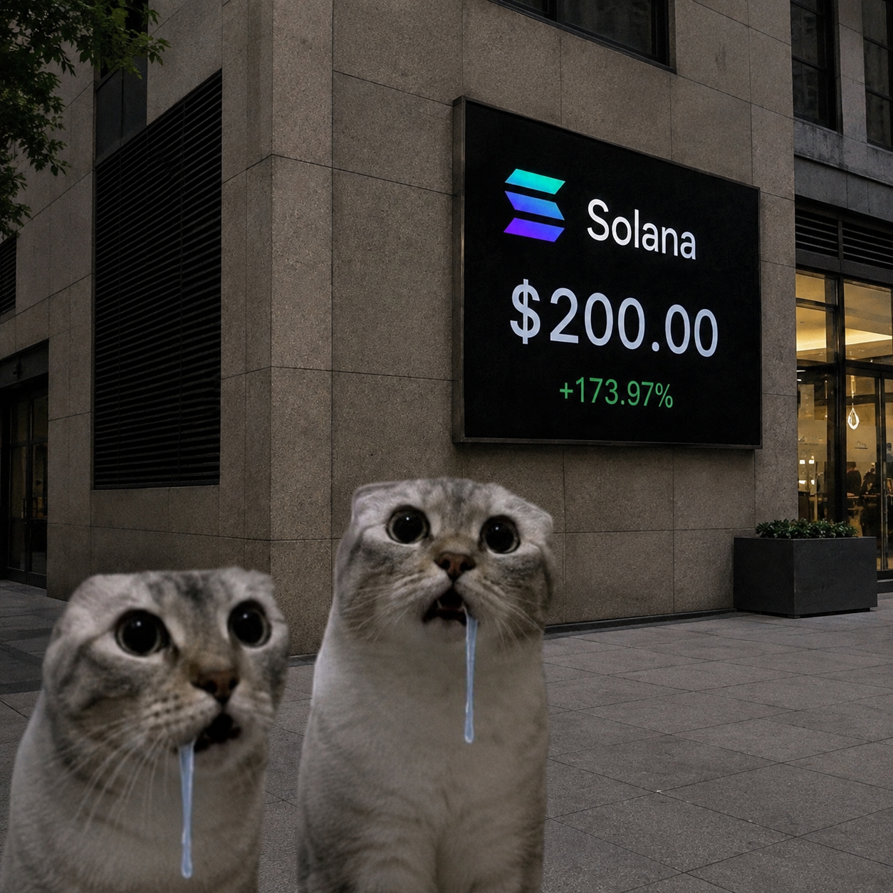 Two wide-eyed cats drooling beneath a Solana $200 billboard
